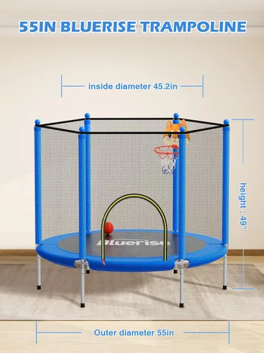Miniatura 5 de Bluerise - Cama elástica de 55 pulgadas/6 pies, para niños, juego interior y exterior, con canasta de baloncesto para cama elástica, malla de Azul