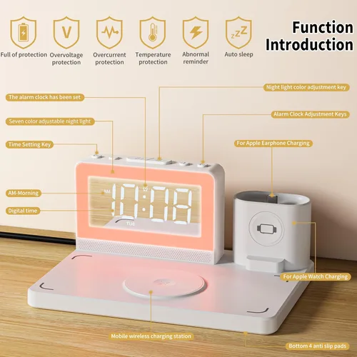 Miniatura 2 de Estación de carga rápida inalámbrica, reloj despertador 7 en 1 con soporte de cargador inalámbrico, base de carga para Apple, para múltiples Negro