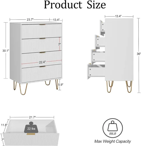 Miniatura 2 de Masupu Cómoda de 4 cajones, cajón, armario de almacenamiento alto con patas de metal, cómoda pequeña para dormitorio, sala de estar, armario