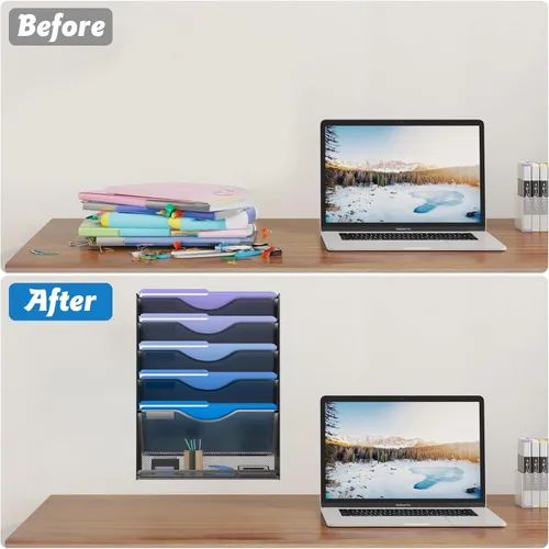 Miniatura 4 de Gawerk Organizador de archivos colgante de 6 niveles, soporte de malla para archivos de pared, estante para carpetas de papel con bandeja plana Negro