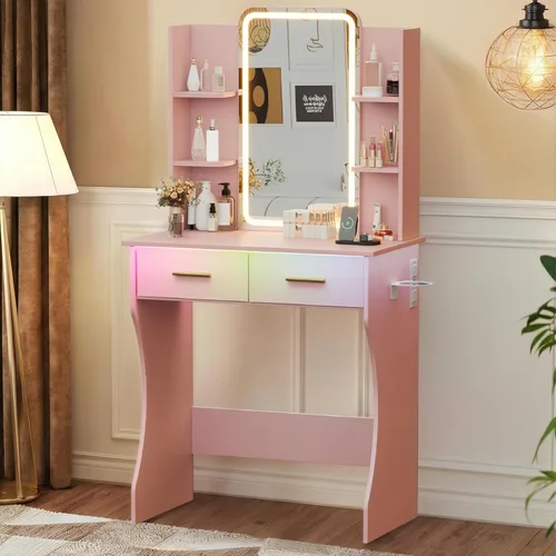 Miniatura 10 de BORNOON Escritorio de tocador con espejo y luces, pequeño escritorio de maquillaje con estación de carga, mesa de tocador de dormitorio con cajones