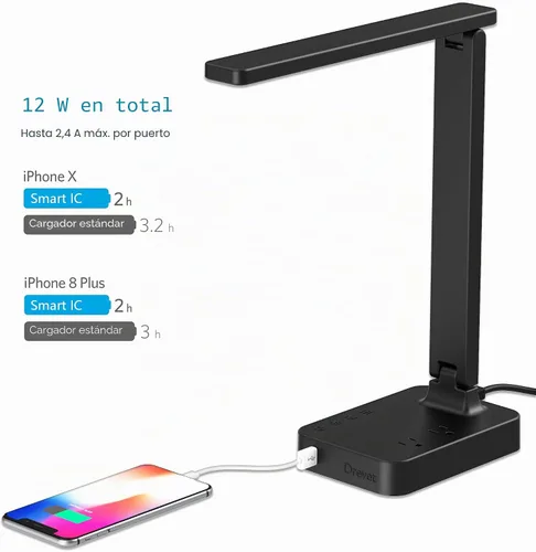 Miniatura 3 de Drevet Lámpara LED de escritorio para dormitorio universitario, luz de escritorio con 1 puerto de carga USB, 2 tomas de corriente CA, 3 modos