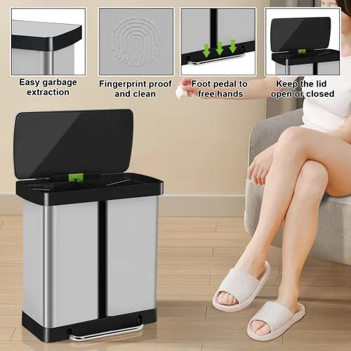 Miniatura 4 de Basurero de cocina de acero inoxidable de 16 galones/60 litros con tapa y doble barril, cubo de basura clasificado de alta capacidad para reciclaje
