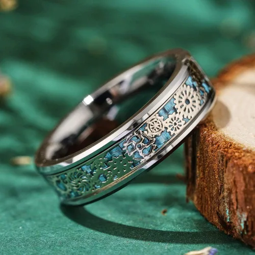 Miniatura 3 de Three Keys - Anillo de matrimonio de tungsteno negro y fibra de carbono color azul, con rueda dentada Steampunk, de 6mm, 8mm