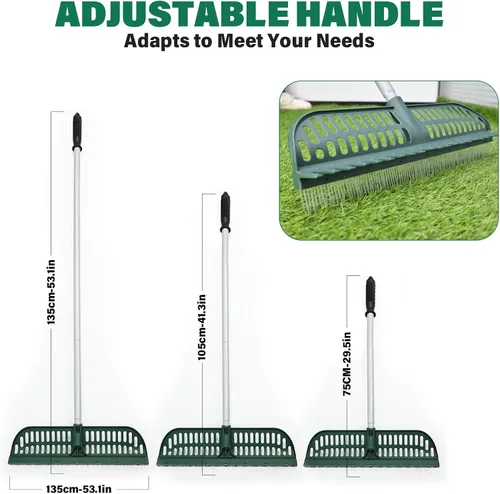 Miniatura 2 de Rastrillo de césped artificial, rastrillo de césped 2 en 1 con mango de acero ajustable, de 30" a 53" de largo, 17.9" de ancho para césped
