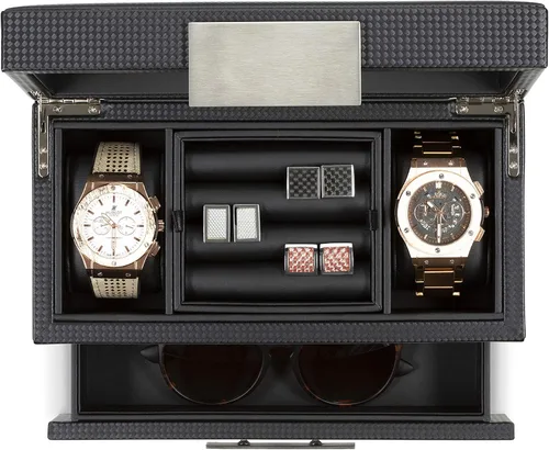 Miniatura 6 de Glenor Co Valet - Caja de reloj de joyería para hombres organizador moderno de textura de fibra de carbono con parte superior de cristal cajón
