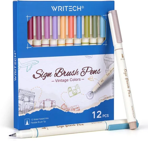 Marcador artístico Writech con punta de pincel, punta de fieltro, tinta a base de agua, bolígrafos de color, 12 colores vintage surtidos, ideal para