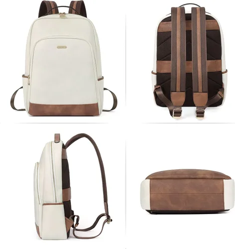 Miniatura 6 de CLUCI Mochila de cuero para mujer de 15.6 pulgadas, mochila para computadora portátil, mochila para viajes, avión, mochila casual, color beige
