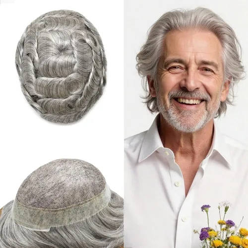 Miniatura 123 de Toupee para hombres Sistema de reemplazo de cabello humano real pieza de cabello humano para hombres encaje suizo para hombre Toupee Hair Pieces