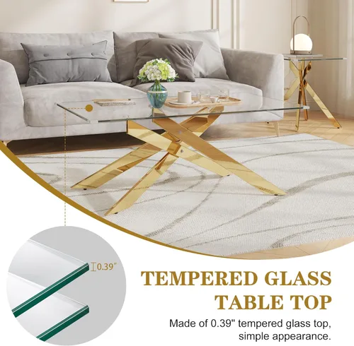 Miniatura 4 de Mesa de centro de cristal de 47 pulgadas con parte superior de vidrio templado y patas de metal dorado, mesa central rectangular moderna para sala