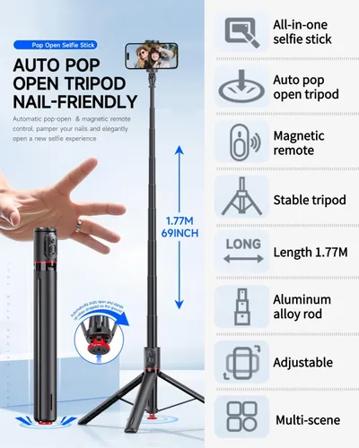 Miniatura 2 de Palo selfie magnético automático de 70 pulgadas, soporte de trípode de apertura automática con control remoto, compatible con Android 5.0 e iOS 5.1
