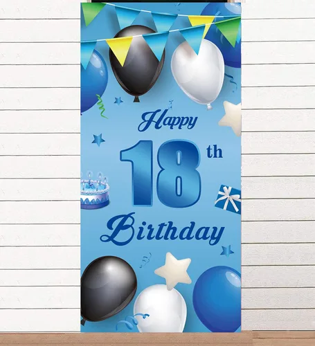 Miniatura 12 de Cartel azul de feliz cumpleaños número 11, globos de fondo de estrellas, confeti y saludos a los 11 años, decoración temática de puerta, porche