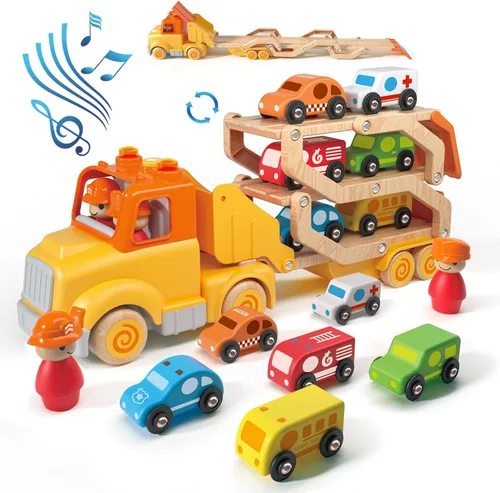 Miniatura 8 de Juguetes de autos para niños pequeños de 2, 3, 4, 5 años, juguete de camión transportador con 4 vehículos de madera, remolque de pista plegable