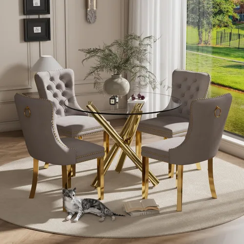 Miniatura 17 de Juego pequeño de mesa redonda con tapa de vidrio transparente para 2, 36'' Juego moderno de lujo para cenas circulares, 3 piezas Juego minimalista