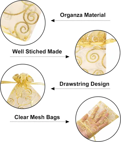 Miniatura 3 de G2PLUS Bolsas de regalo de organza de 4 x 6 pulgadas, 50 bolsas de organza de malla transparente con estampado de ratán dorado, bolsas de joyería