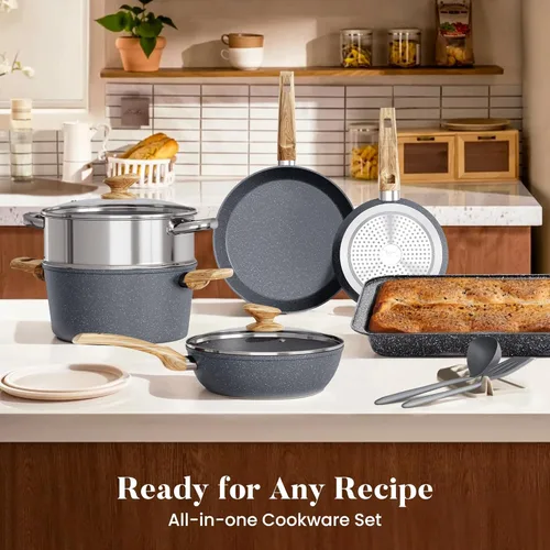 Miniatura 8 de Kitchen Academy Juego de ollas y sartenes de granito antiadherentes, juego de utensilios de cocina antiadherentes de 17 piezas, juego de sartenes