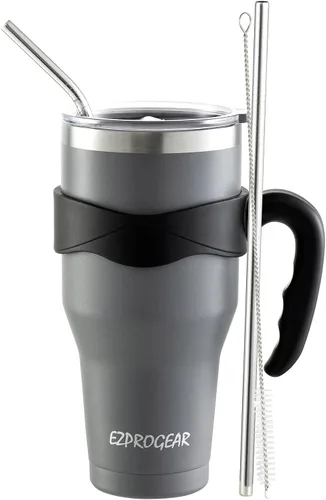 Ezprogear – Vaso con aislamiento al vacío de doble pared de acero inoxidable, con pajilla y asa Azul marino gris