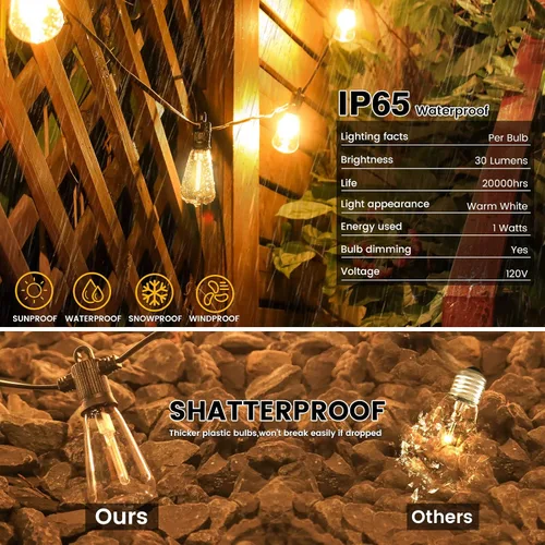 Miniatura 3 de Zuske Cadena de luces para exteriores de 25 pies, luces LED colgantes para patio con 12 bombillas inastillables, luces impermeables