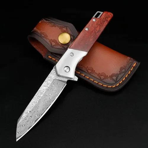 Miniatura 9 de KOMWERO Cuchillo de bolsillo de Damasco, cuchillo afilado de acero de damasco con núcleo VG10 de hoja de acero mango de madera, cuchillo plegable