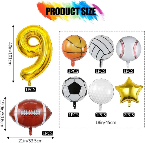 Miniatura 2 de 9 globos deportivos, fútbol, baloncesto, béisbol, voleibol, golf y fútbol, globo de aluminio de Mylar con número de cumpleaños deportivo