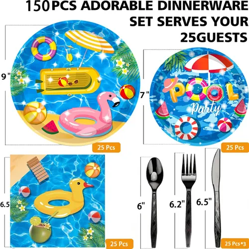 Miniatura 2 de Juego de 150 piezas de suministros para fiestas en la piscina: platos de 9 y 7 pulgadas, servilletas, cuchillos, tenedores, cucharas para playa, Pool