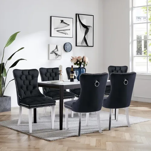 Miniatura 93 de Juego de 4 Sillas de Comedor de Terciopelo Tapizadas con Capitoné, Sillas Laterales de Cocina con Ribete de Tachuelas y Patas Chapadas en Oro
