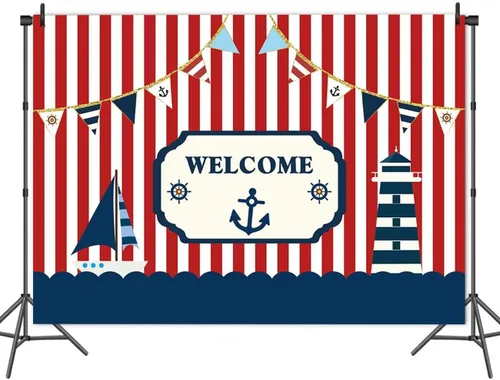 Miniatura 4 de Fondo de fotografía para fiestas temáticas náuticas de 7 x 5 pies, color rojo y blanco, a rayas marinas, barco, decoración de fondo para niños
