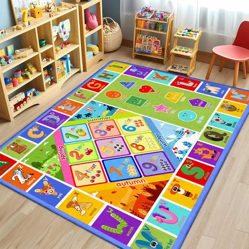 3x5 Pequeña Alfombra para Sala de Juegos y Aula de Niños - Alfombra Educativa del Alfabeto ABC con Animales, Números y Formas - Alfombra de Juguetes