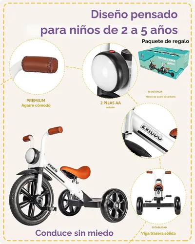 Miniatura 5 de KRIDDO Triciclo para niños, rueda de 12 pulgadas sin riesgo de pinchazos con luz frontal, altura de asiento ajustable, regalo para niños de 2 a 5