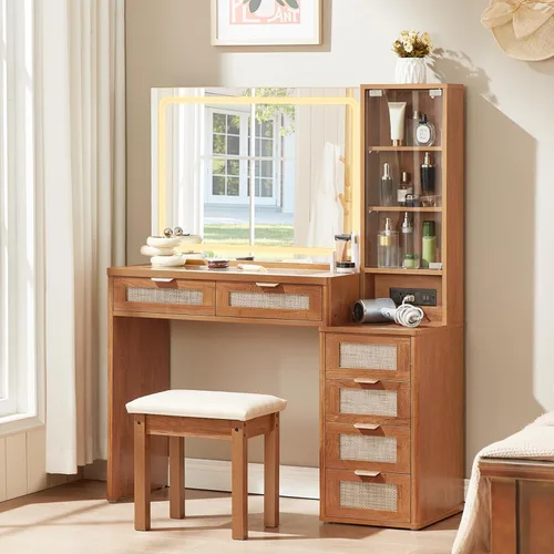 Miniatura 6 de LEYAOYAO - Escritorio de ratán con espejo y luces, tocador de maquillaje estilo bohemio de 43.5'' con 6 cajones y estantes ajustables, tocador