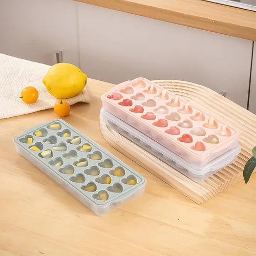 Miniatura 6 de Paquete de 2 bandejas de cubitos de hielo en forma de corazón con tapa y contenedor - 48 agujeros, bandeja de cubitos de hielo mini de corazón