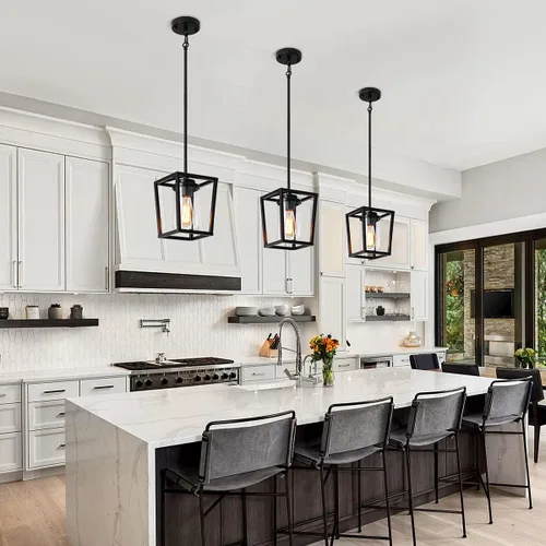 Miniatura 4 de Paquete de 2 luces colgantes negras para isla de cocina, lámparas colgantes de granja con pantalla de vidrio, iluminación moderna para isla