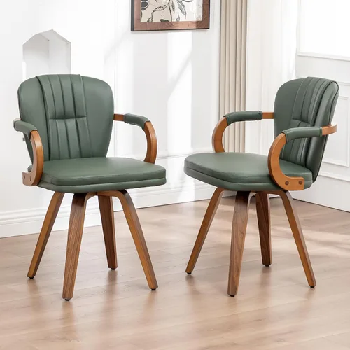 Miniatura 16 de Sillas de comedor giratorias de mediados de siglo, modernas sillas de cocina tapizadas de piel sintética negra con marco de madera curvada, sillas