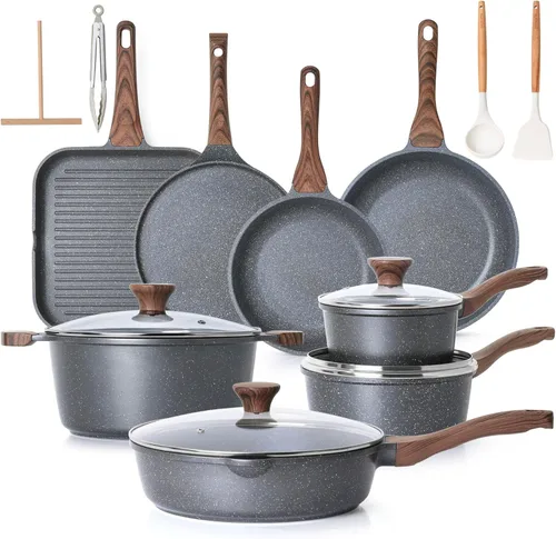 SENSARTE Juego de utensilios de cocina antiadherentes de 23 piezas, ollas y sartenes antiadherentes con revestimiento de granito suizo, juego de Gris