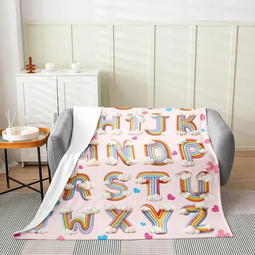 Miniatura 2 de Erosebridal Rainbow English Alphabet Fleece Throw Blanket 40"x50" - Ultra-Soft for Couch Sofa Bed,Cartoon Letters Flannel Blanket,Love Hearts Fuzzy