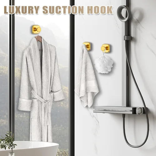 Miniatura 7 de Ganchos de ventosa para ducha, ganchos de baño reutilizables para toallas, batas y lufa, montaje sin taladro en cocina, paredes, metal, vidrio, Oro