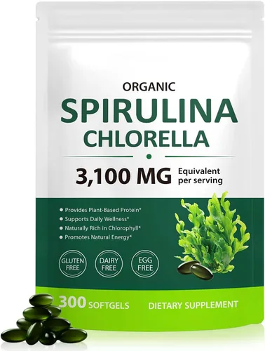 Tiuedu Espirulina Chlorella Softgels 300 cápsulas, 17 en 1 mezcla de nutrientes verdes, cápsulas blandas de espirulina Chlorella, ricas en proteínas