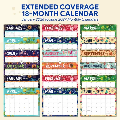 Miniatura 3 de Decorably Calendario de pared en espiral de paisaje colorido de 18 meses con calcomanías de enero de 2026 a junio de 2027, hojas de 14.5 x 11.5
