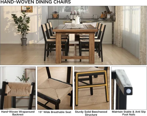 Miniatura 9 de Juego de 2 sillas de comedor de ratán modernas de mediados de siglo, sillas de cocina de madera de haya negra, sillas de comedor tejidas de granja