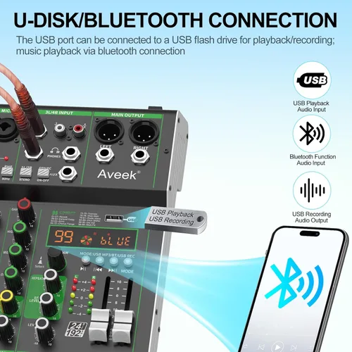 Miniatura 4 de Aveek Mezclador de audio, consola de mezcla de tablero de sonido profesional con unidad USB/Bluetooth/Computadora/Mezclador de DJ de entrada estéreo