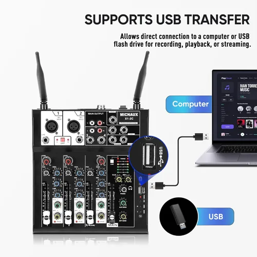 Miniatura 5 de Mezclador de audio de 4 canales, mezclador de karaoke con micrófonos inalámbricos duales, tablero de sonido profesional, consola de mezcla de DJ