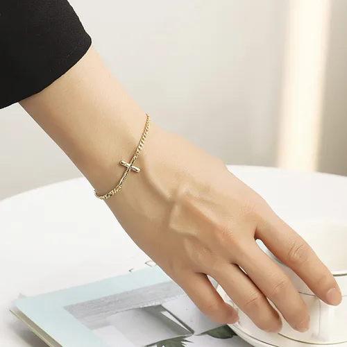 Miniatura 4 de Pulsera de cruz para mujer, chapada en oro de 18 quilates, pulsera de eslabones de cadena cubana, pulsera de oro para mujer, regalos de confirmación