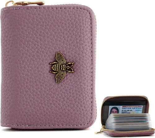 Miniatura 9 de WOZEAH Tarjetero de cuero para mujer, cartera con bloqueo RFID, con cremallera, tarjetero, para negocios, Negro, Sólido