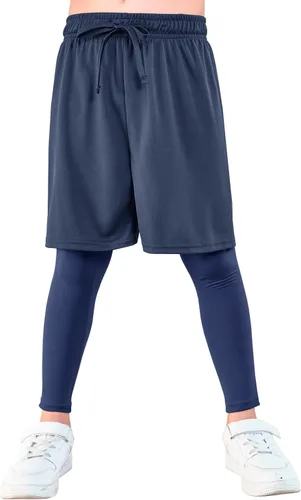 Miniatura 3 de Haloumoning Leggings deportivos para niños con pantalones cortos 2 en 1 para correr, entrenamiento, pantalones deportivos de 5 a 14 años