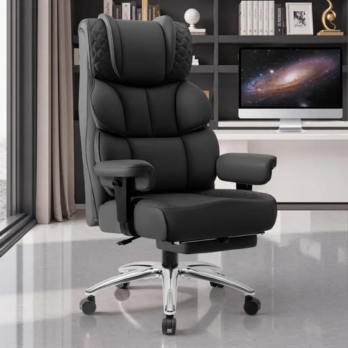 BestGlory Silla de escritorio de oficina, silla de juegos de cuero grande y alta con reposapiés, sillas de computadora reclinables ejecutivas Negro