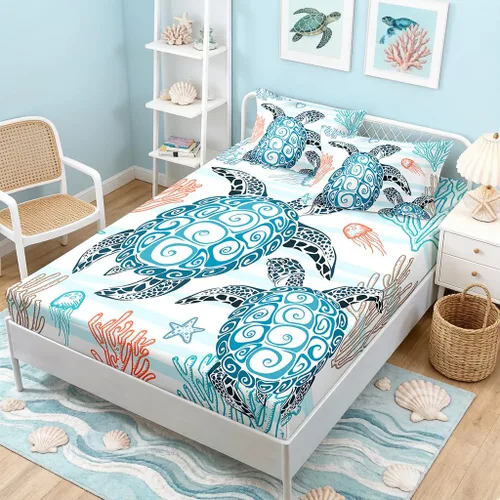 Miniatura 13 de HOSIMA Juego de sábanas bajeras con temática de tortuga marina, diseño de playa costera, para decoración de habitación de niños, adolescentes