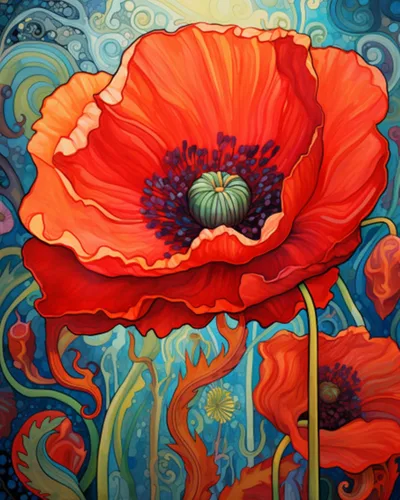 Tucocoo Bumbers - Pintura de amapola roja para adultos, pintura abstracta de amapola por números, pintura acrílica, lienzo, graffiti, flores rojas,