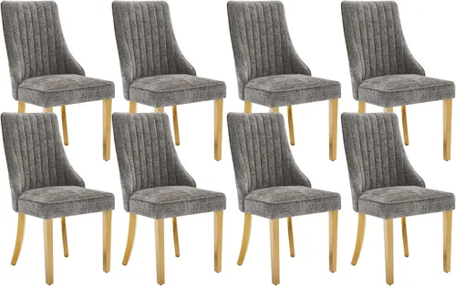 Miniatura 46 de Juego de 8 sillas de comedor, sillas de cocina con canales de lino con patas curvadas de madera maciza, silla de comedor tapizada de tela cómoda