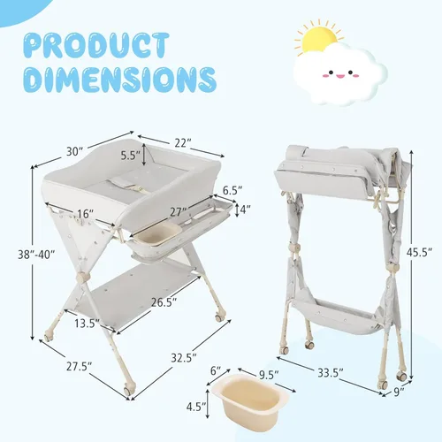 Miniatura 2 de BABY JOY Cambiador portátil para bebé, estación de cambio de pañales plegable con ruedas, altura ajustable, estante de almacenamiento grande, lavabo