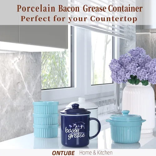 Miniatura 6 de ONTUBE Recipiente de grasa de tocino de cerámica con colador, contenedor de grasa para almacenamiento de aceite de cocina, azul marino